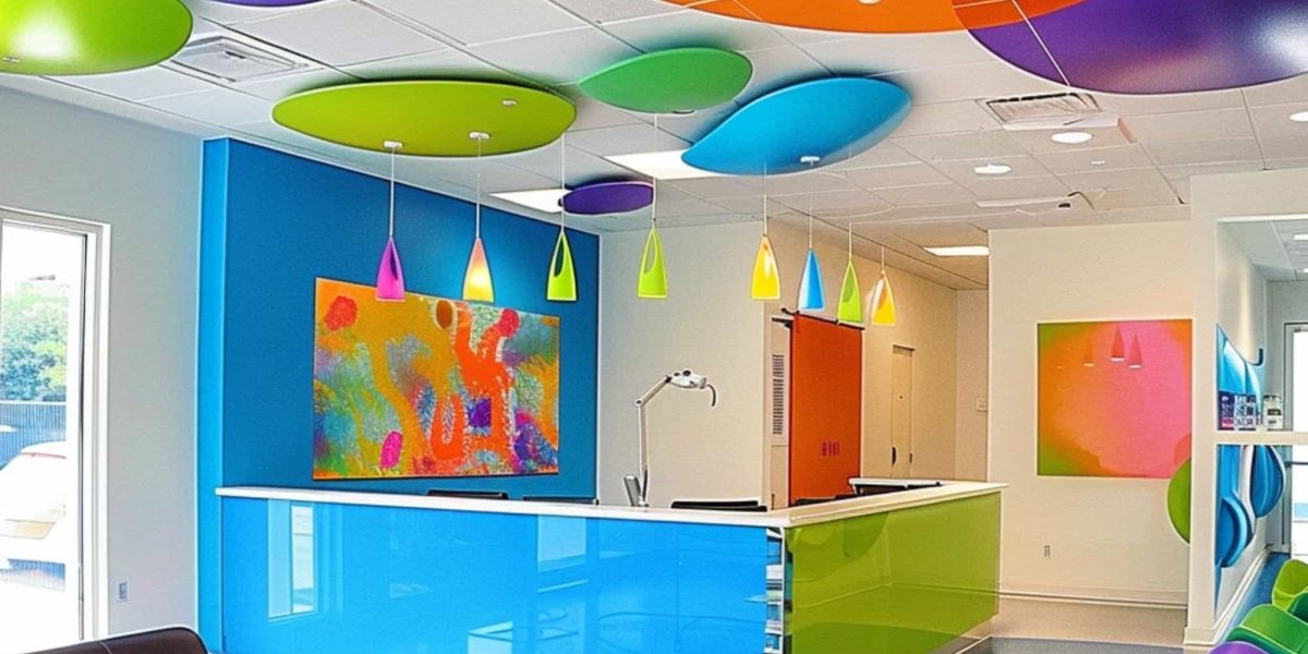 A vibrant, colorful waiting area for kids in an orthodontic office