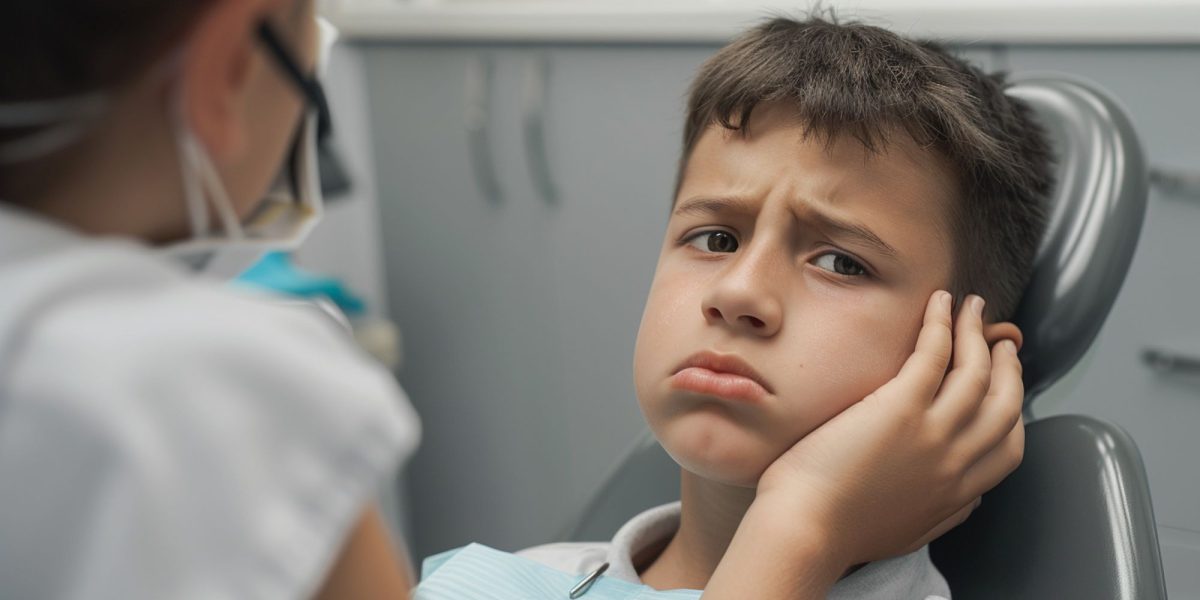 A young boy sits in the dentist's chair with his hand on his cheek, looking distressed as he has tooth pain