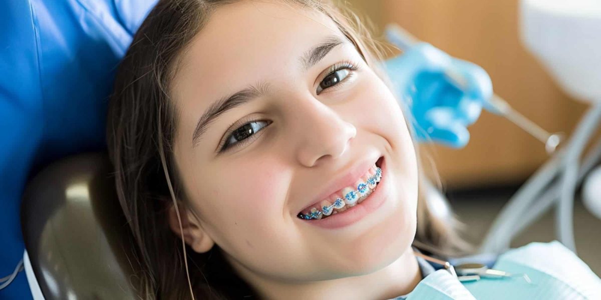 A teenage girl with braces smiling while sitting in the dentist's chair